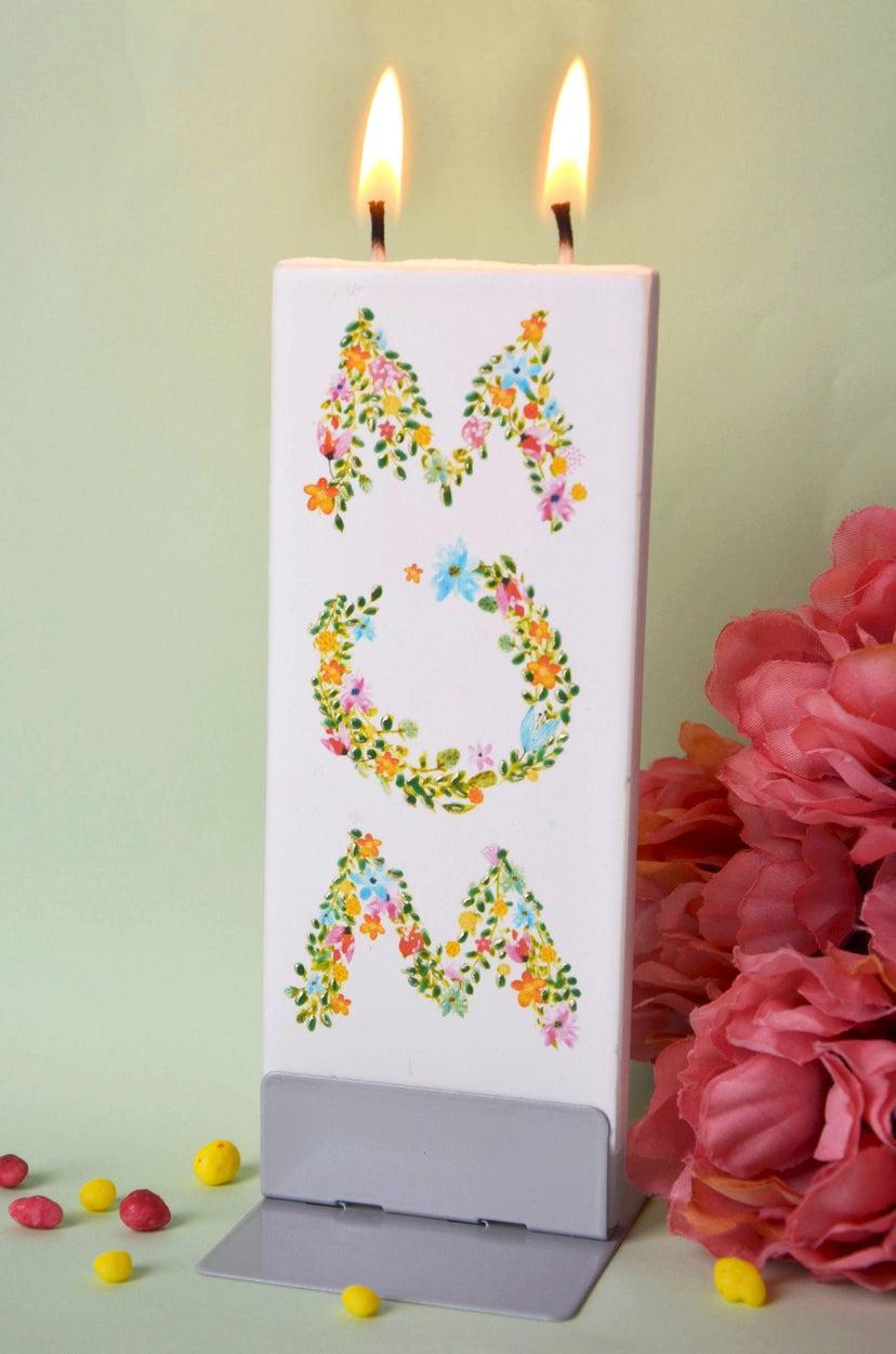 Flat Hand-Crafted Candle - Mom Floral Letters