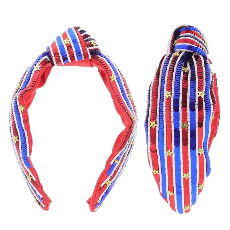 Red, White, Blue & Gold Striped Sequin with Stars Headband