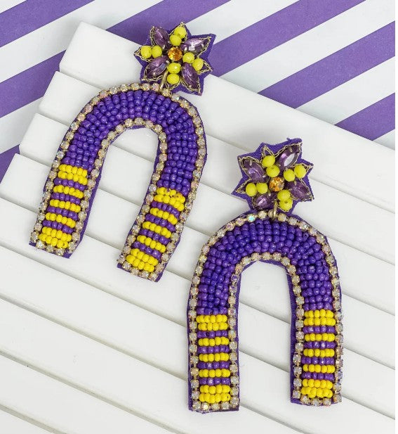 Purple & Gold Game Day Beaded Arch Dangle Earrings