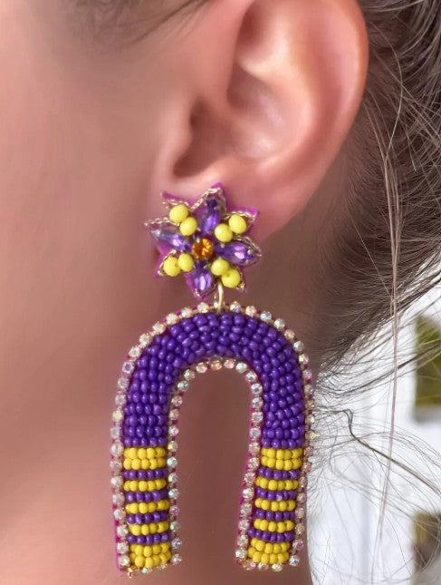 Purple & Gold Game Day Beaded Arch Dangle Earrings
