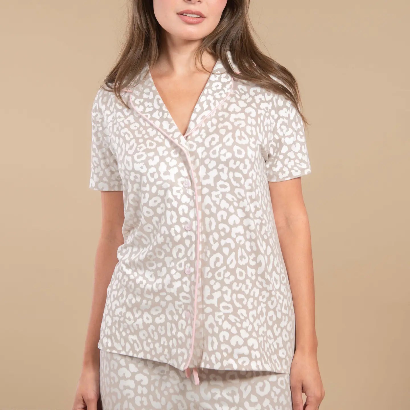 Amanda Blu Taupe Leopard Notched Collar Pajama Top