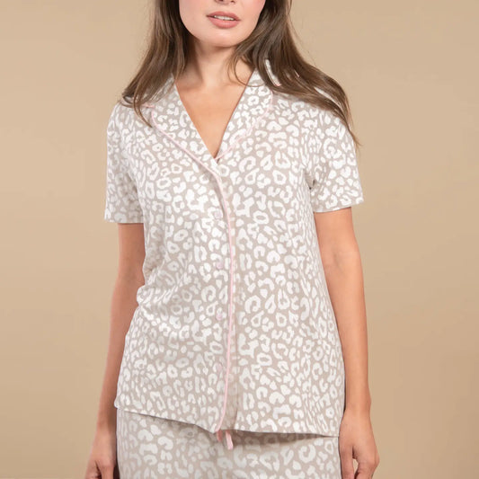 Amanda Blu Taupe Leopard Notched Collar Pajama Top