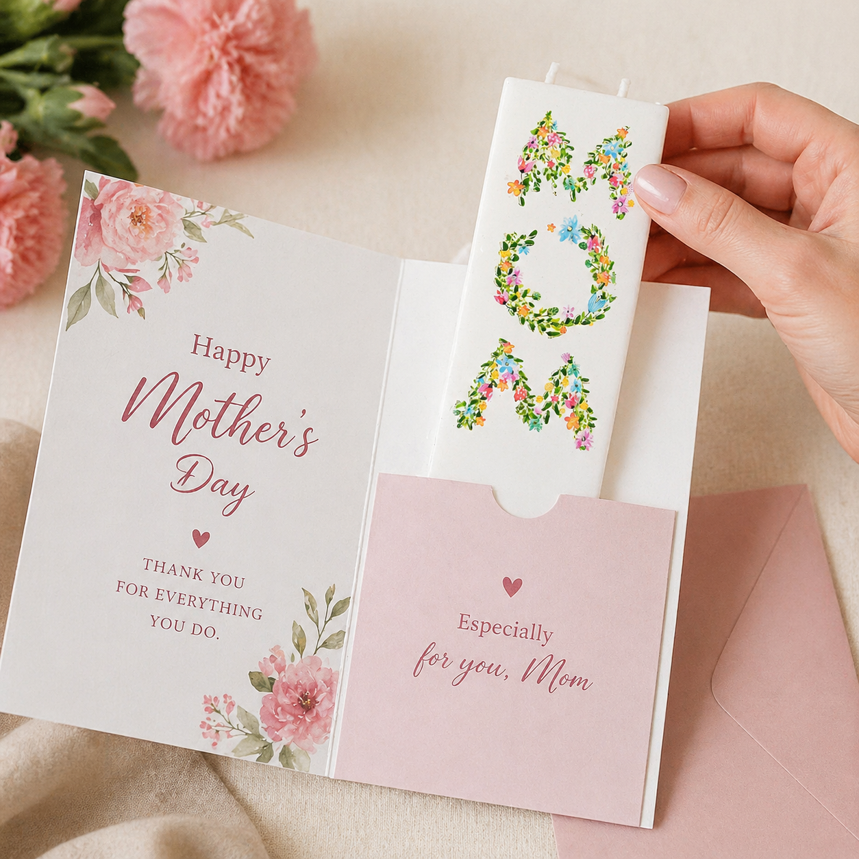 Flat Hand-Crafted Candle - Mom Floral Letters